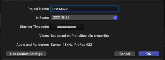 Create New Project in Final Cut Pro