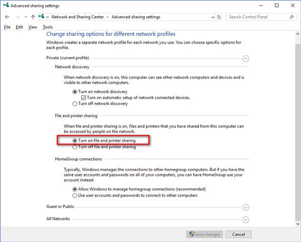 Turn on file and printer sharing