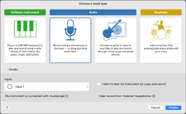 Choose a track type in GarageBand