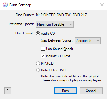 iTunes Burn Settings