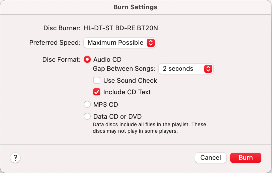 Burning settings