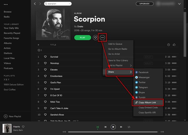 Copy Scorpion album link in Spotify