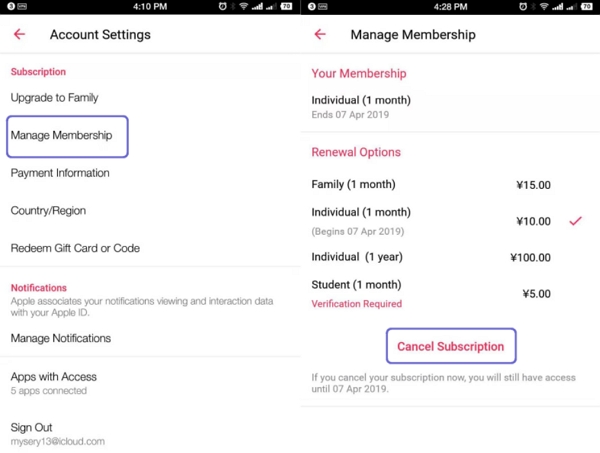 Cancel Apple Music membership on Android