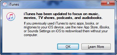 Popup message of iTunes 12.7 update