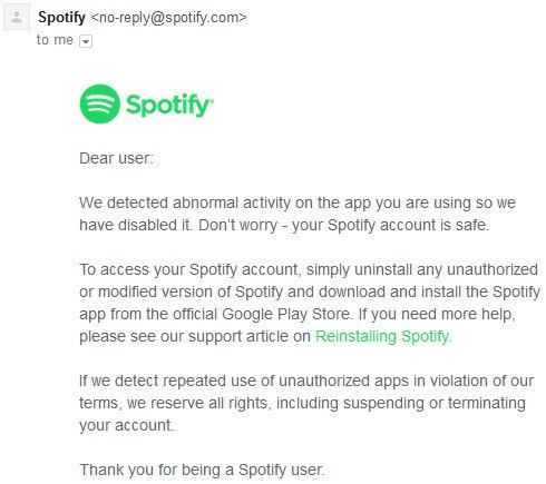 Spotify Premium Modified Version Warning Email