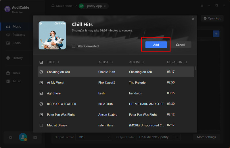 add music to audicable to record