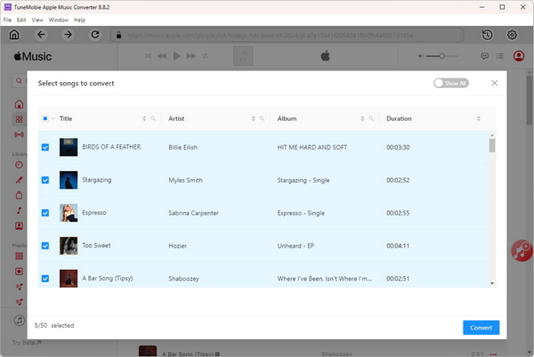 TuneMobie Apple Music Converter conversion list