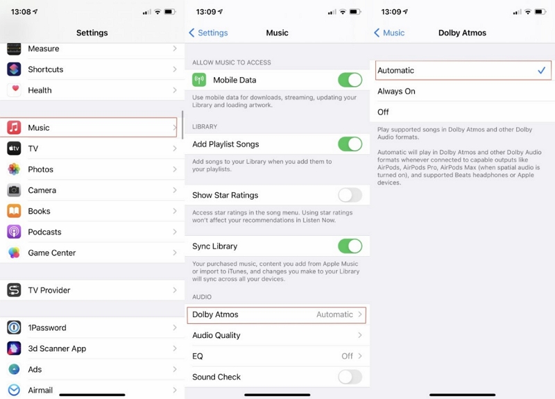 enable apple music dolby atmos iphone