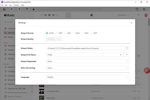 TuneMobie Apple Music Converter output settings