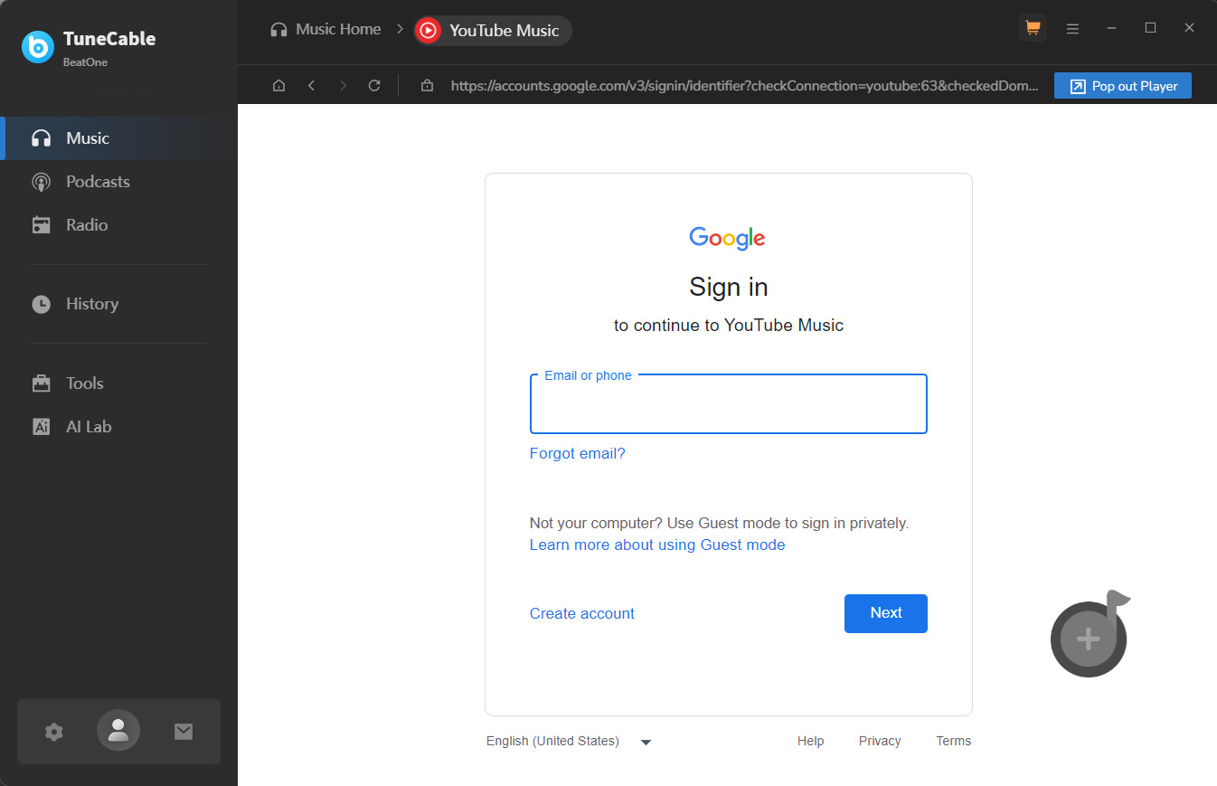 sign in to youtube music web player