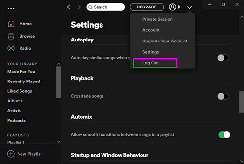 log out of spotify on pc/mac/web